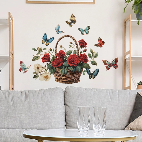 Kleurrijke Rozenmand Vlinder Muursticker Verwijderbare PVC Wanddecoratie Voor Slaapkamer Woonkamer Huis Achtergrond Decor