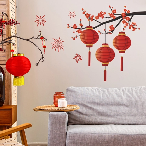 Pegatinas de Pared de Linterna Roja Fuegos Artificiales de Año Nuevo Calcomanías de PVC Flor de Ciruelo para Sala de Estar Dormitorio