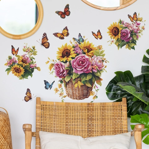 Acuarela Girasol Rosa Cesta de Flores Mariposa Pegatina de Pared Artística Floral Mural para Sala de Estar Dormitorio Hogar Decoración