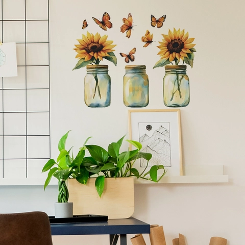 Acuarela Girasol Tarro de Vidrio Pegatinas de Pared Mariposa PVC Extraíble Decorativo Mural para Sala de Estar Dormitorio Cocina Decoración