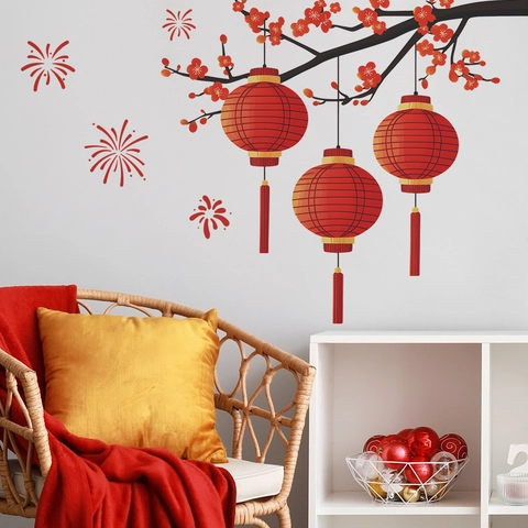 Pegatinas de Pared de Linterna Roja Fuegos Artificiales de Año Nuevo Calcomanías de PVC Flor de Ciruelo para Sala de Estar Dormitorio