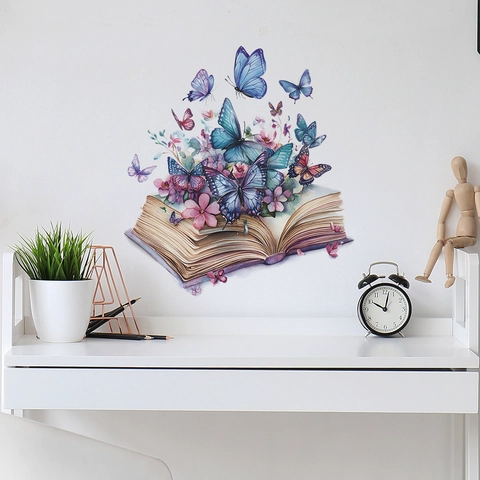 Adhesivo de Pared de PVC Creativo de Libro Mágico de Acuarela Mariposa Flores Mural Artístico Para Dormitorio Sala de Estar