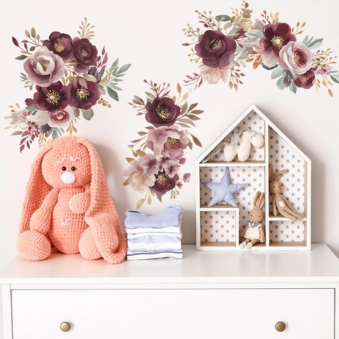 Stickers Muraux Fleur de Rose Aquarelle PVC Autocollant Décalcomanies Florales pour Chambre Salon Décoration Maison