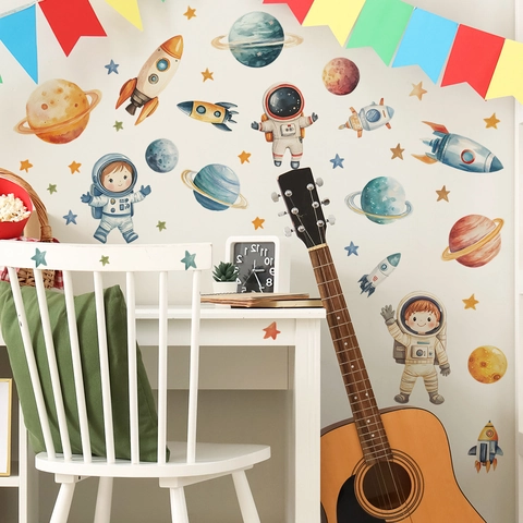 Cartoon Astronaut Space Rocket Planet Wall Stickers Watercolor PVC Removable Decals For Kids Bedroom Nursery Home Decor