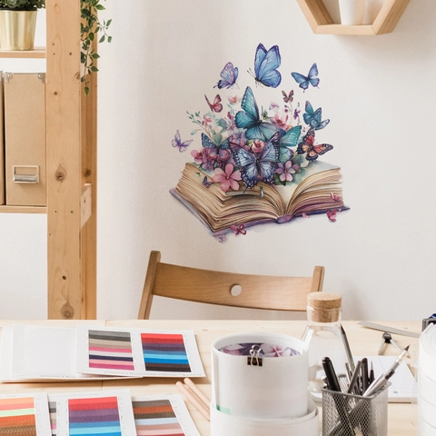 Adhesivo de Pared de PVC Creativo de Libro Mágico de Acuarela Mariposa Flores Mural Artístico Para Dormitorio Sala de Estar