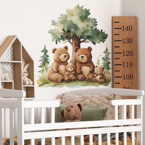 Cartoon Bear Family Wall Sticker Watercolor Forest Tree PVC Self Adhesive Decal For Kids Nursery Bedroom Living Room Decor