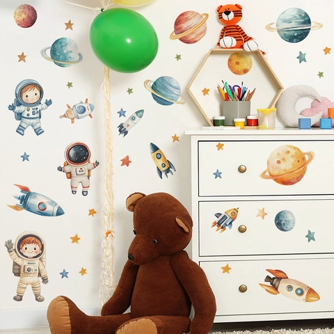 Cartoon Astronaut Space Rocket Planet Wall Stickers Watercolor PVC Removable Decals For Kids Bedroom Nursery Home Decor