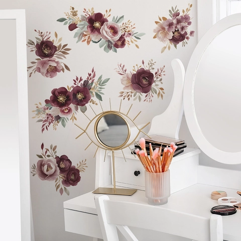 Stickers Muraux Fleur de Rose Aquarelle PVC Autocollant Décalcomanies Florales pour Chambre Salon Décoration Maison