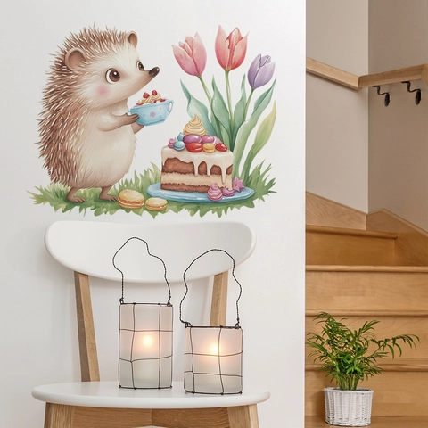 Schattige Aquarel Egel En Taart Muursticker Verwijderbare PVC Decoratieve Muurschildering Voor Kinderkamer Slaapkamer Woonkamer
