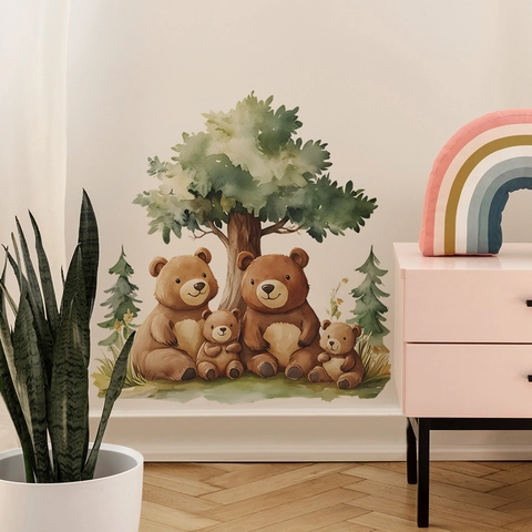 Cartoon Bear Family Wall Sticker Watercolor Forest Tree PVC Self Adhesive Decal For Kids Nursery Bedroom Living Room Decor