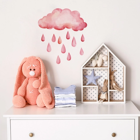 Stickers Muraux Nuage et Goutte de Pluie Aquarelle Rose Décalcomanies Murales en PVC Amovibles pour Chambre d'Enfant Salon Décoration Maison
