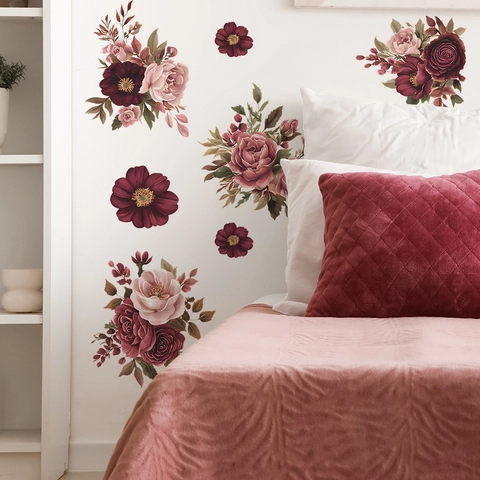 Retro Rose Peony Floral Wall Stickers For Living Room Bedroom PVC Waterproof Vintage Flower Wall Decal Home Decor Art