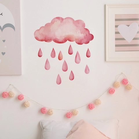Stickers Muraux Nuage et Goutte de Pluie Aquarelle Rose Décalcomanies Murales en PVC Amovibles pour Chambre d'Enfant Salon Décoration Maison