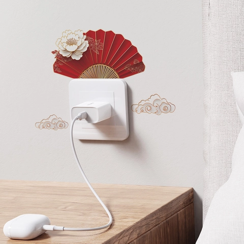 Adesivo per Interruttori Stile Cinese PVC Ventaglio Rosso Peonia Bianca Nuvole Oro Adesivo Murale per Arredo Casa