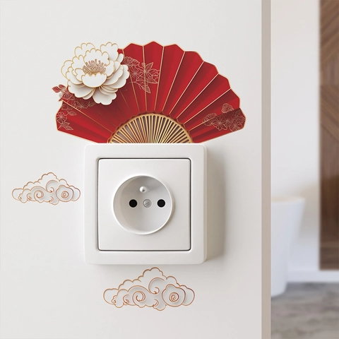 Adesivo per Interruttori Stile Cinese PVC Ventaglio Rosso Peonia Bianca Nuvole Oro Adesivo Murale per Arredo Casa