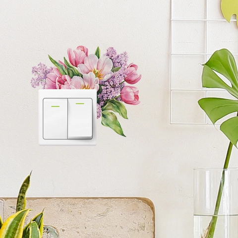 Watercolor Pink Tulip Lilac Floral Light Switch Sticker PVC Waterproof Wall Decal For Bedroom Living Room Home Decor
