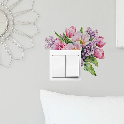 Watercolor Pink Tulip Lilac Floral Light Switch Sticker PVC Waterproof Wall Decal For Bedroom Living Room Home Decor
