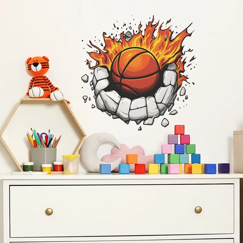 3D Kreative Feuer Basketball Wandtattoo Mit Durchbruch Effekt Wasserdichtes PVC Aufkleber Für Kinderzimmer Sportzimmer Deko
