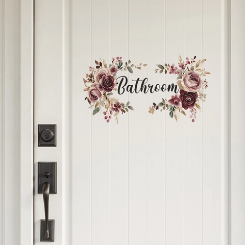 Waterproof PVC Bathroom Door Sticker Watercolor Rose Floral Pattern Self Adhesive Wall Decal For Bathroom Home Decor