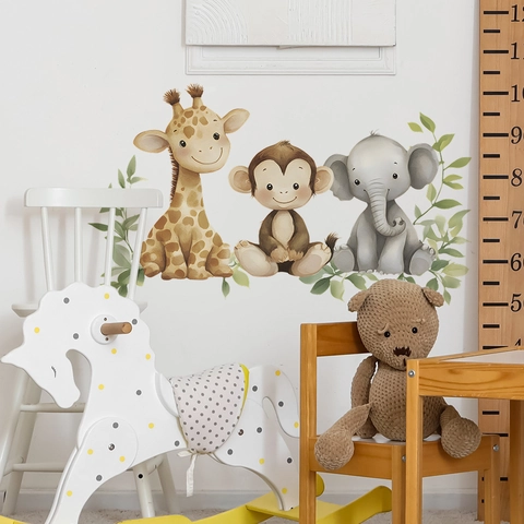 Cartoon Animal Wall Stickers Watercolor Giraffe Elephant Monkey Wall Decals For Kids Nursery Bedroom Decor PVC Posters