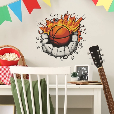 3D Creative Fire Basketball Breaking Wall Effect Sticker PVC Waterproof Decal For Kids Sports Room Bedroom Home Decor
