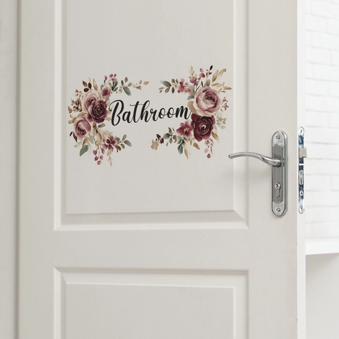 Waterproof PVC Bathroom Door Sticker Watercolor Rose Floral Pattern Self Adhesive Wall Decal For Bathroom Home Decor
