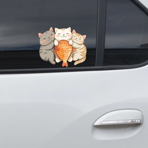 Cute Cartoon Three Cats Hugging Fish Car Window Sticker Waterproof PVC UV Transparent Decal For Auto Vehicle Body Home Decor