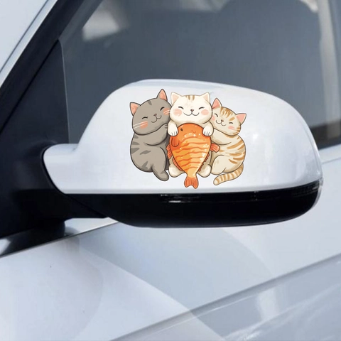 Cute Cartoon Three Cats Hugging Fish Car Window Sticker Waterproof PVC UV Transparent Decal For Auto Vehicle Body Home Decor