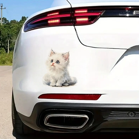 3D Fluffy White Cat Car Sticker Realistic Blue Eyes Kitten Wall Decal Waterproof PVC Decorative Sticker For Auto Window Home