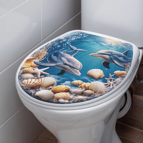 Adesivo 3D per Coperchio del Gabinetto Mondo Oceanico Delfino Conchiglia PVC Impermeabile Vita Marina Decorazione Bagno