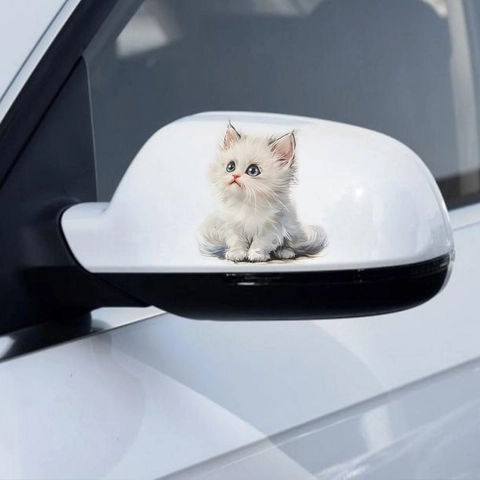 3D Fluffy White Cat Car Sticker Realistic Blue Eyes Kitten Wall Decal Waterproof PVC Decorative Sticker For Auto Window Home