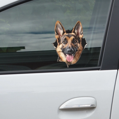 3D Realistic German Shepherd Dog Break Through Wall Car Sticker Creative Waterproof PVC Decal For Window Wall Laptop Home Decor