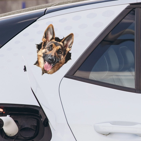 3D Realistic German Shepherd Dog Break Through Wall Car Sticker Creative Waterproof PVC Decal For Window Wall Laptop Home Decor