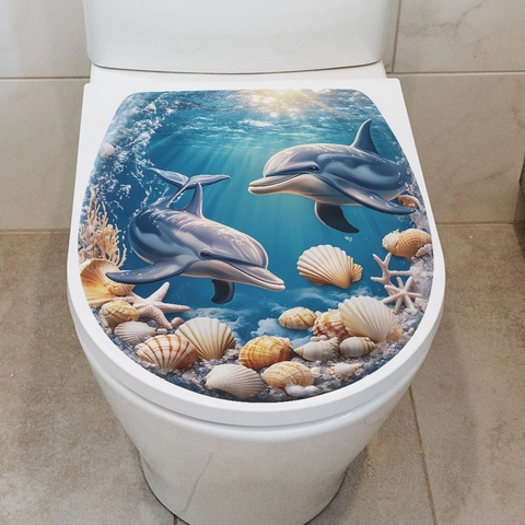 Pegatina 3D Para Tapa De Inodoro Mundo Oceánico Delfín Concha PVC Impermeable Vida Marina Decoración De Baño Hogar
