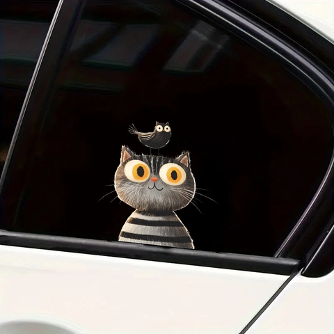 Cartoon Painted Gray Cat And Bird Car Window Sticker PVC UV Printed Decorative Decal For Auto Home Surfaces Decoration