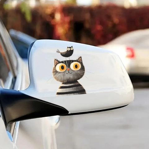 Cartoon Painted Gray Cat And Bird Car Window Sticker PVC UV Printed Decorative Decal For Auto Home Surfaces Decoration