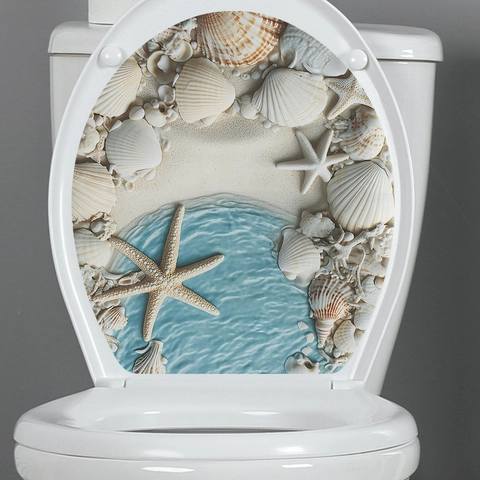 3D Ocean Beach Starfish Shell Pattern Toilet Lid Sticker Waterproof PVC Bathroom Decal Removable Home Decorative Wall Art