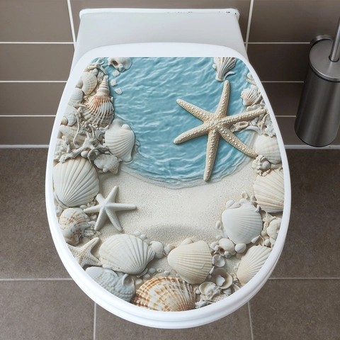 3D Ocean Beach Starfish Shell Pattern Toilet Lid Sticker Waterproof PVC Bathroom Decal Removable Home Decorative Wall Art