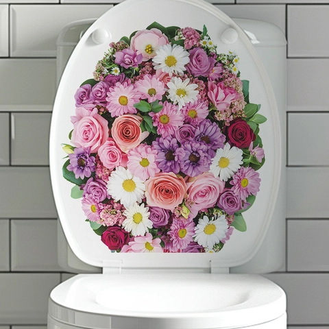 Colorful Flower Toilet Lid Sticker Waterproof PVC Floral Wall Decal For Bathroom Decor Removable Plant Pattern Home Decoration Sticker