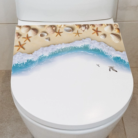 Strand Zeeschelp Zeester Oceaan Thema PVC Toiletdeksel Sticker Waterdicht Verwijderbaar Zelfklevend Badkamer Decor Muursticker