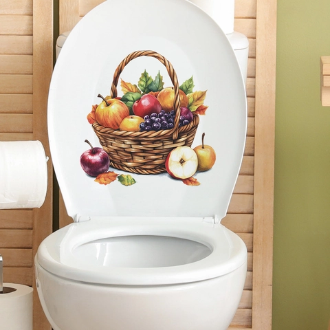 PVC Fruit Basket Toilet Lid Sticker Hand Painted Apple Grape Pattern Waterproof Bathroom Toilet Lid Wall Decal Home Decor