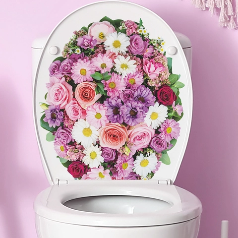 Colorful Flower Toilet Lid Sticker Waterproof PVC Floral Wall Decal For Bathroom Decor Removable Plant Pattern Home Decoration Sticker