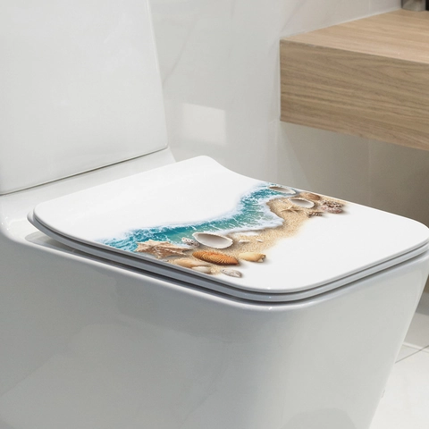 3D Ocean Beach Toilet Seat Sticker Waterproof PVC Removable Bathroom Decor Self Adhesive Marine Life Starfish Shell Wave Wall Decal