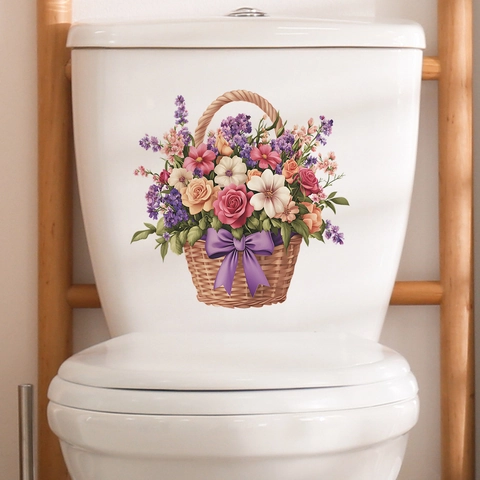 Pegatina para Inodoro de Cesta de Flores PVC Removible Decoración de Baño Calcomanía de Pared Patrón Botánico para Hogar Arte