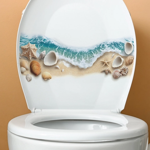3D Ocean Beach Toilet Seat Sticker Waterproof PVC Removable Bathroom Decor Self Adhesive Marine Life Starfish Shell Wave Wall Decal