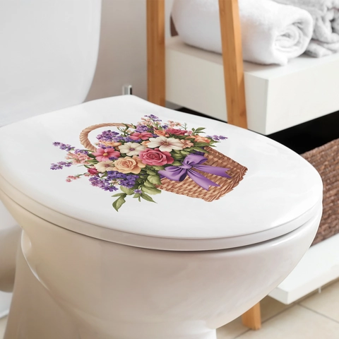 Pegatina para Inodoro de Cesta de Flores PVC Removible Decoración de Baño Calcomanía de Pared Patrón Botánico para Hogar Arte