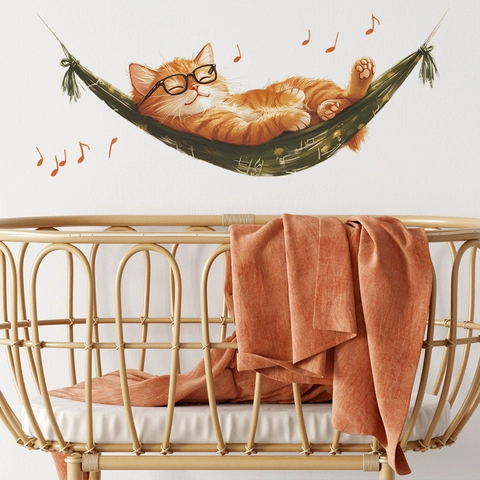 Lindo Gato de Dibujos Animados en Hamaca Vinilo de Pared de PVC Notas Musicales Decorativas DIY para Sala de Estar Dormitorio