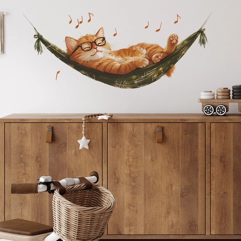 Lindo Gato de Dibujos Animados en Hamaca Vinilo de Pared de PVC Notas Musicales Decorativas DIY para Sala de Estar Dormitorio