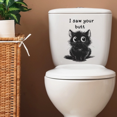 Divertida Pegatina de Baño Gato Negro I Saw Your Butt Calcomanía de PVC Impermeable para Inodoro Humor