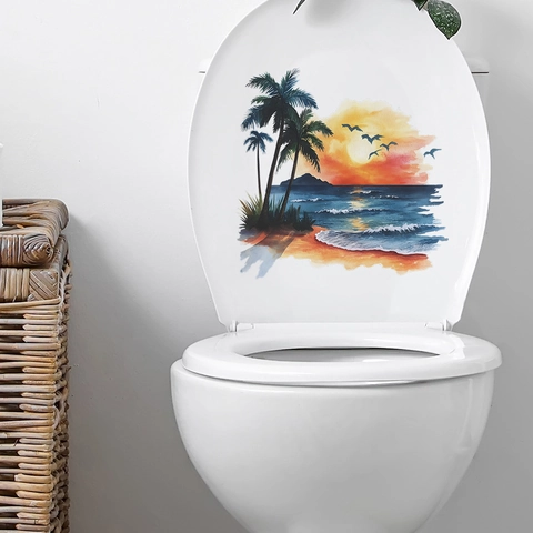 Sticker pour Couvercle de Toilettes Plage Tropicale Coucher du Soleil Palmier PVC Imperméable Décalcomanie Décorative Salle de Bain
